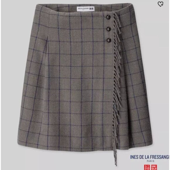 Ines De La Fressange X Uniqlo Plaid Wrap Skirt Size 2 Gray & Blue Wool Blend NEW - Picture 1 of 10